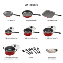 Tramontina Primaware 18 Piece Non-stick Cookware Set, Red Hand C Mart