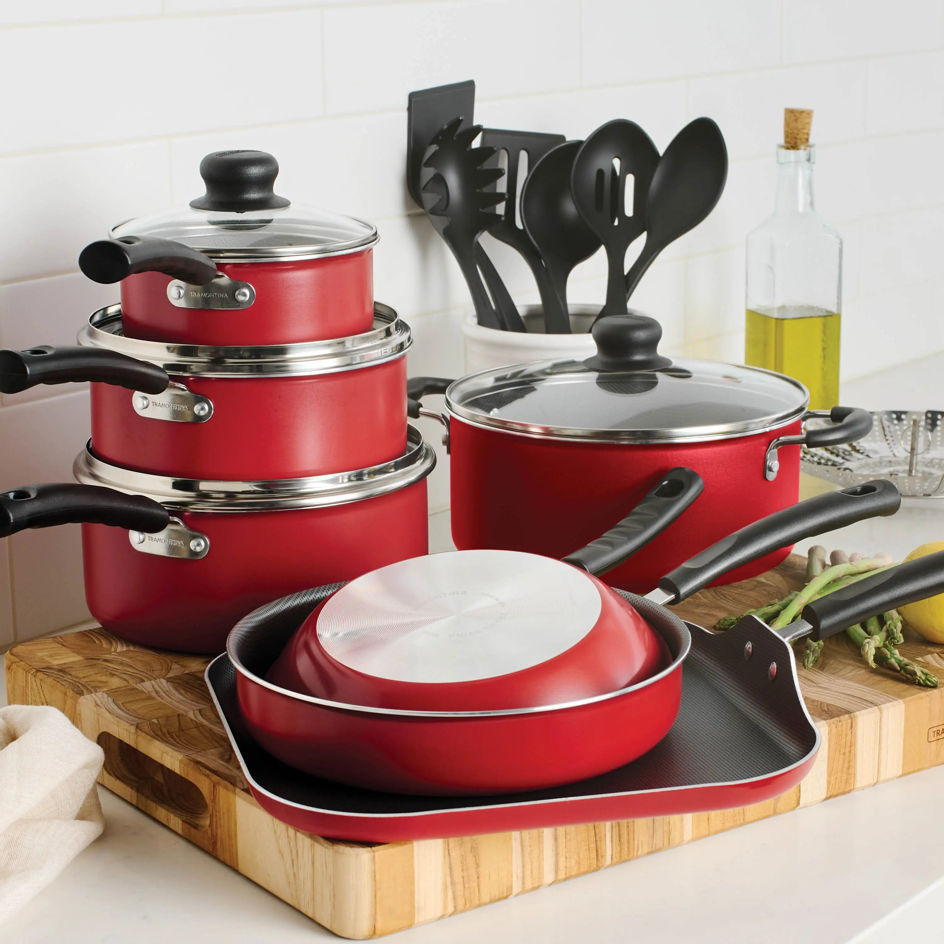 Tramontina Primaware 18 Piece Non-stick Cookware Set, Red Hand C Mart