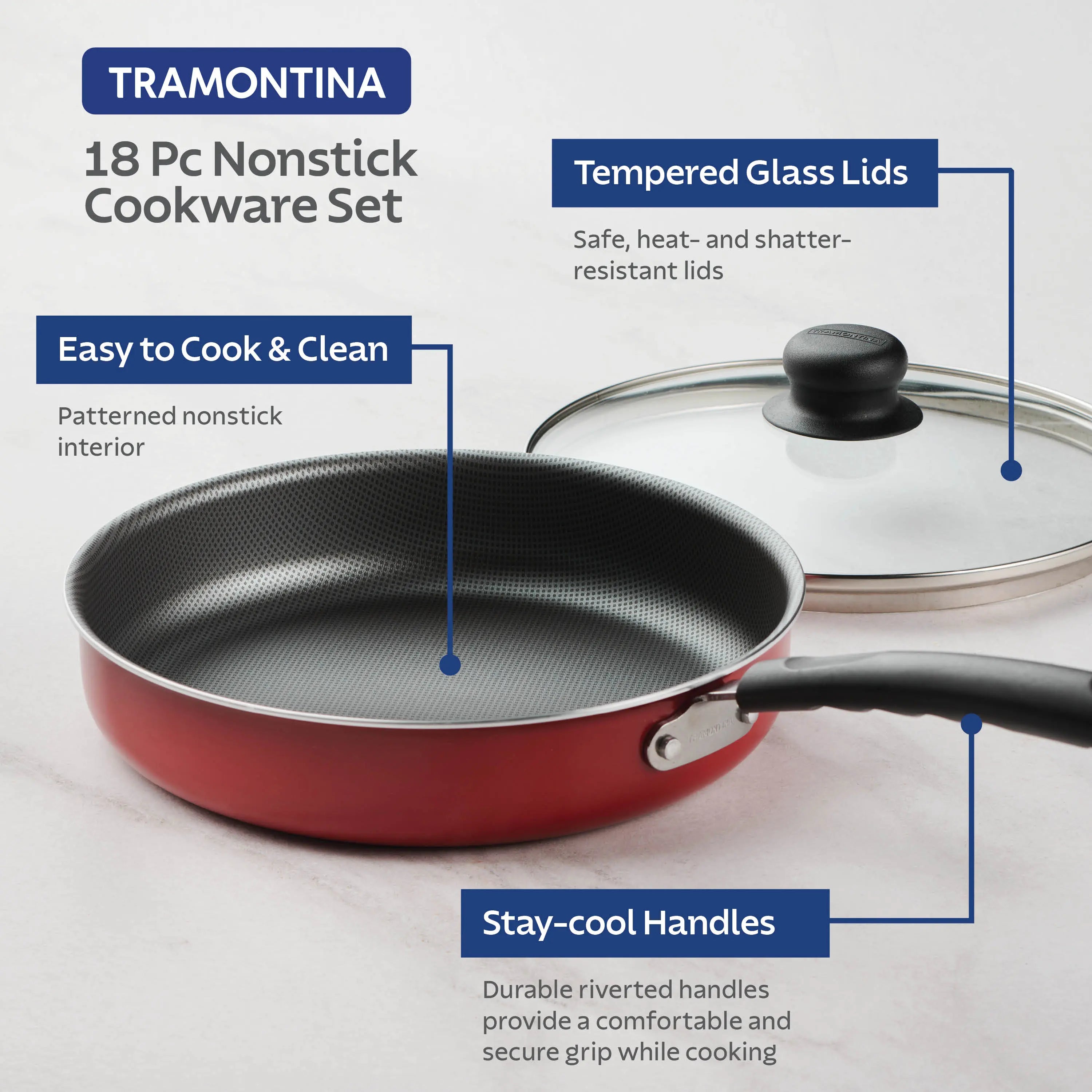 Tramontina Primaware 18 Piece Non-stick Cookware Set, Red Hand C Mart