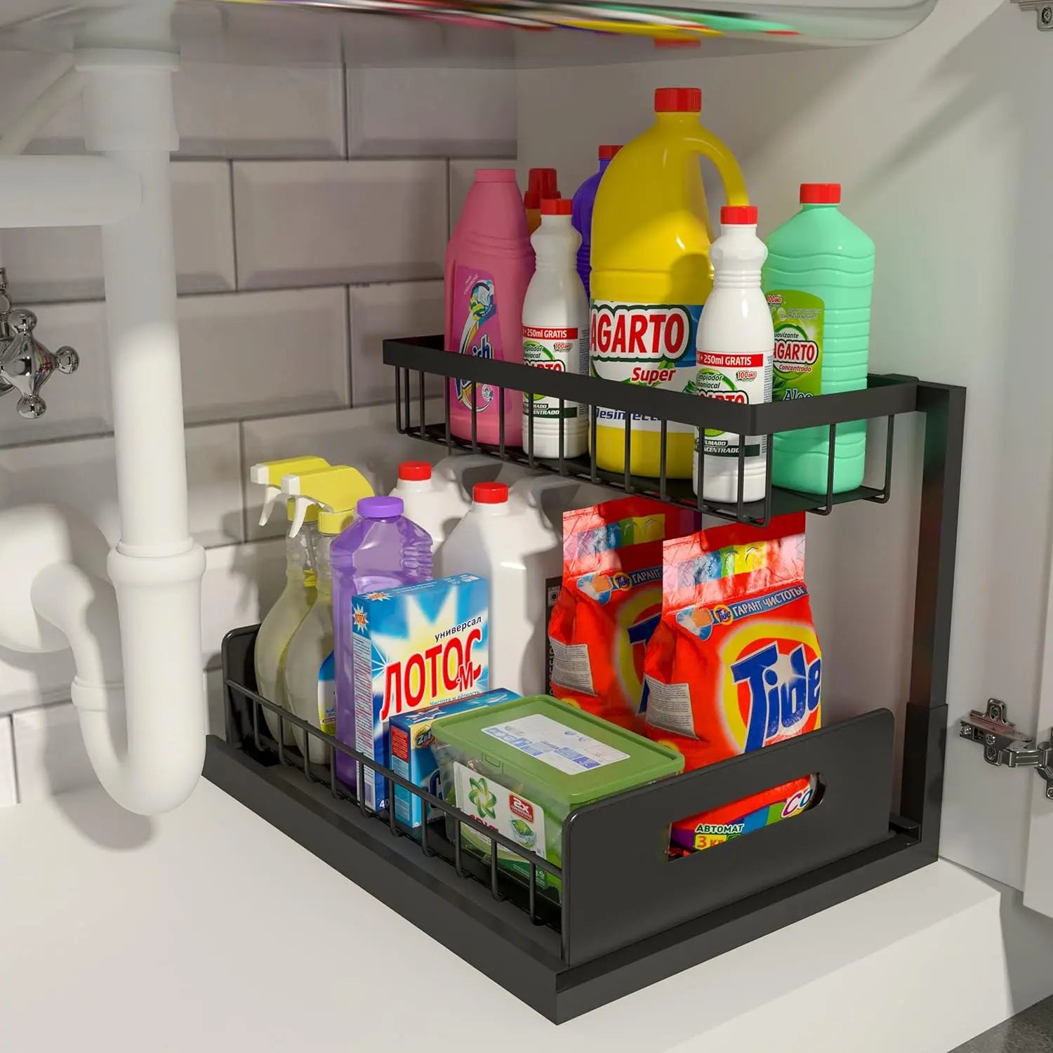 2-Tier pull-out under sink organizer with L-shaped design and sliding shelves
