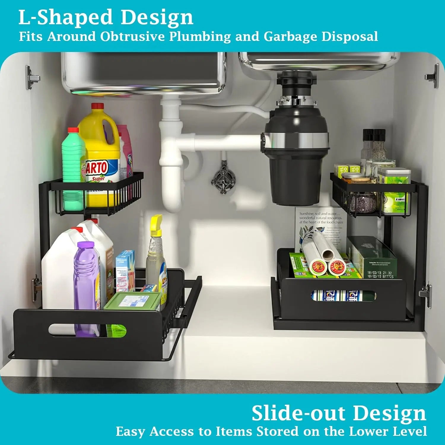 Under sink organizer with steel construction and rust-proof finish
