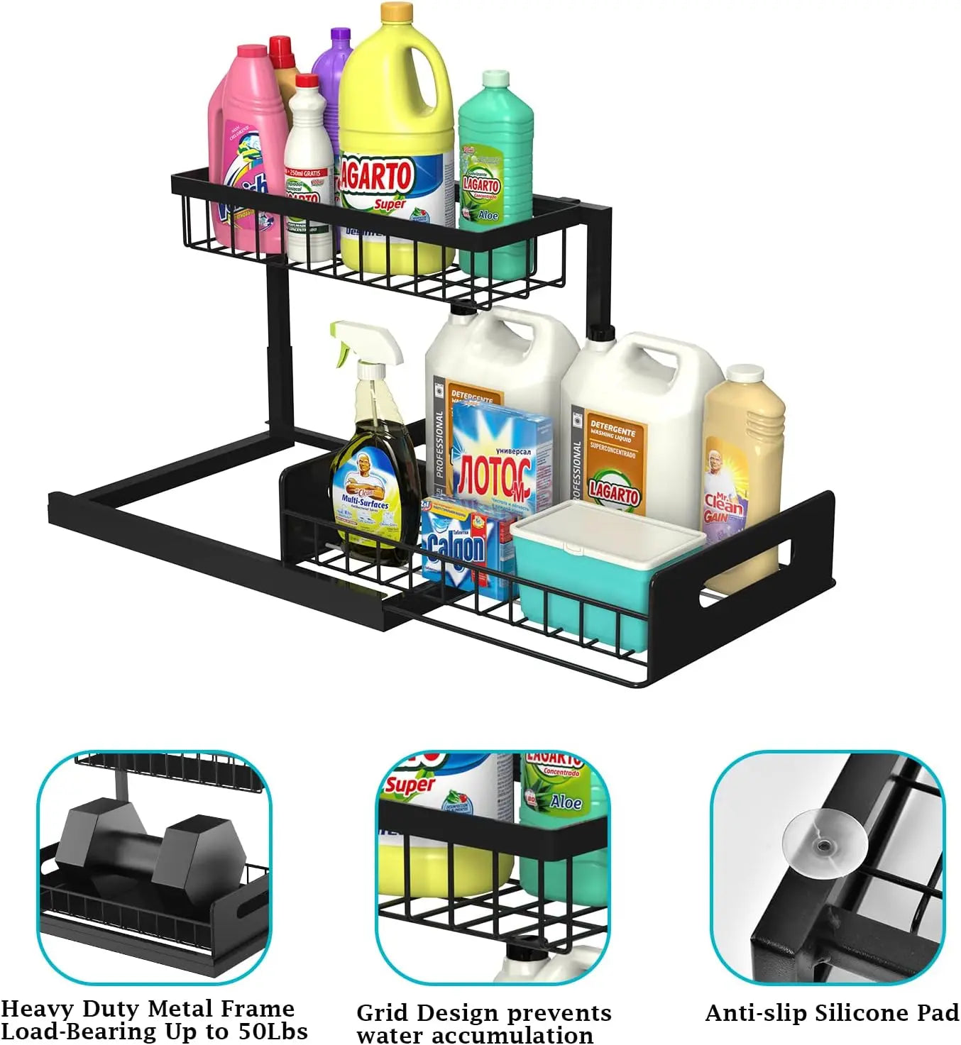 Side view of the pull-out under sink organizer showcasing grid shelves and stability pads
