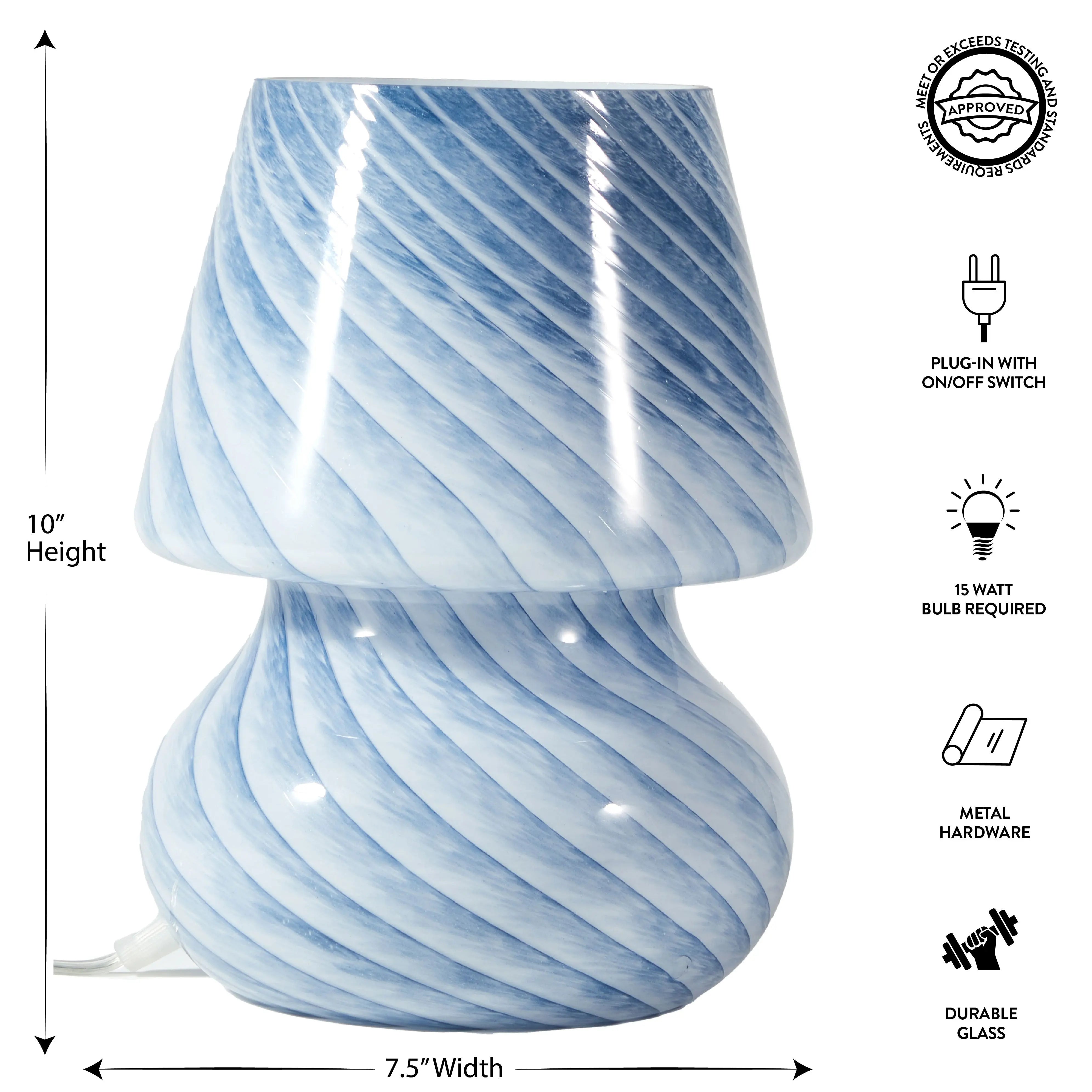 Urban Shop Blue Stripe Glass Mushroom Lamp, 10" H x 7.5" W, Plug in Hand C Mart