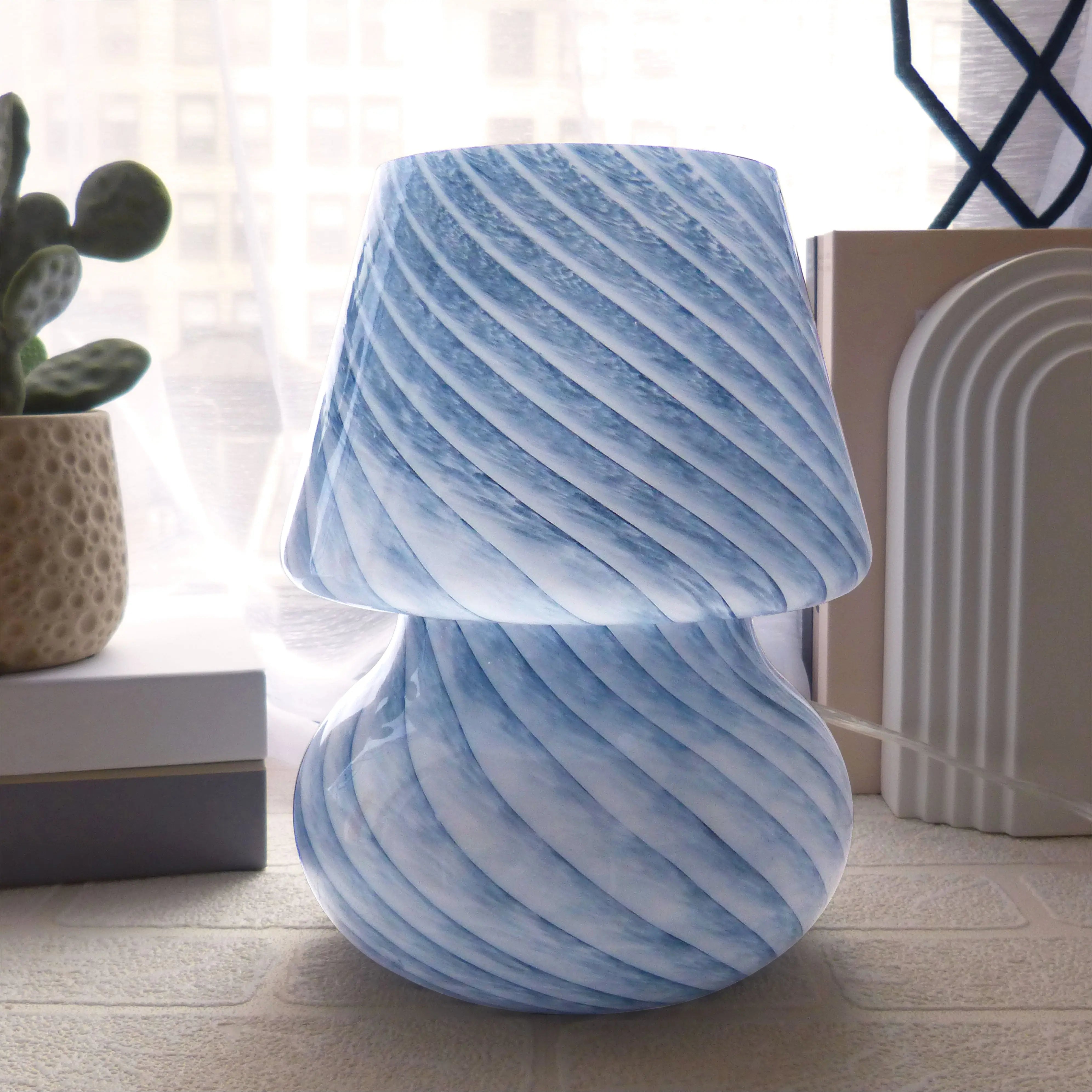 Urban Shop Blue Stripe Glass Mushroom Lamp, 10" H x 7.5" W, Plug in Hand C Mart