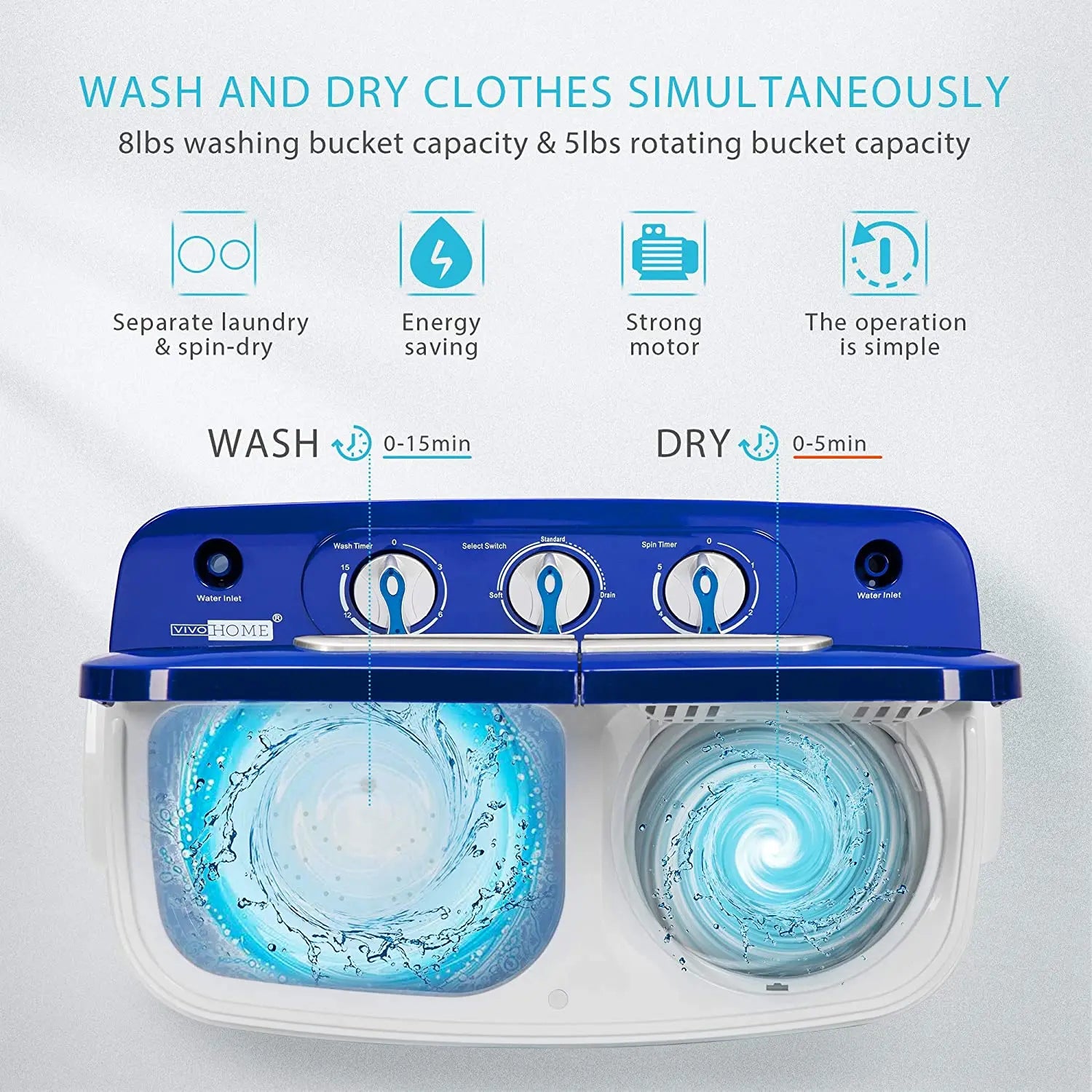 VIVOHOME Portable Washing Machine 13.5Lbs Twin Tub Mini Clothes Washer with Drain Hose, Blue & White Hand C Mart