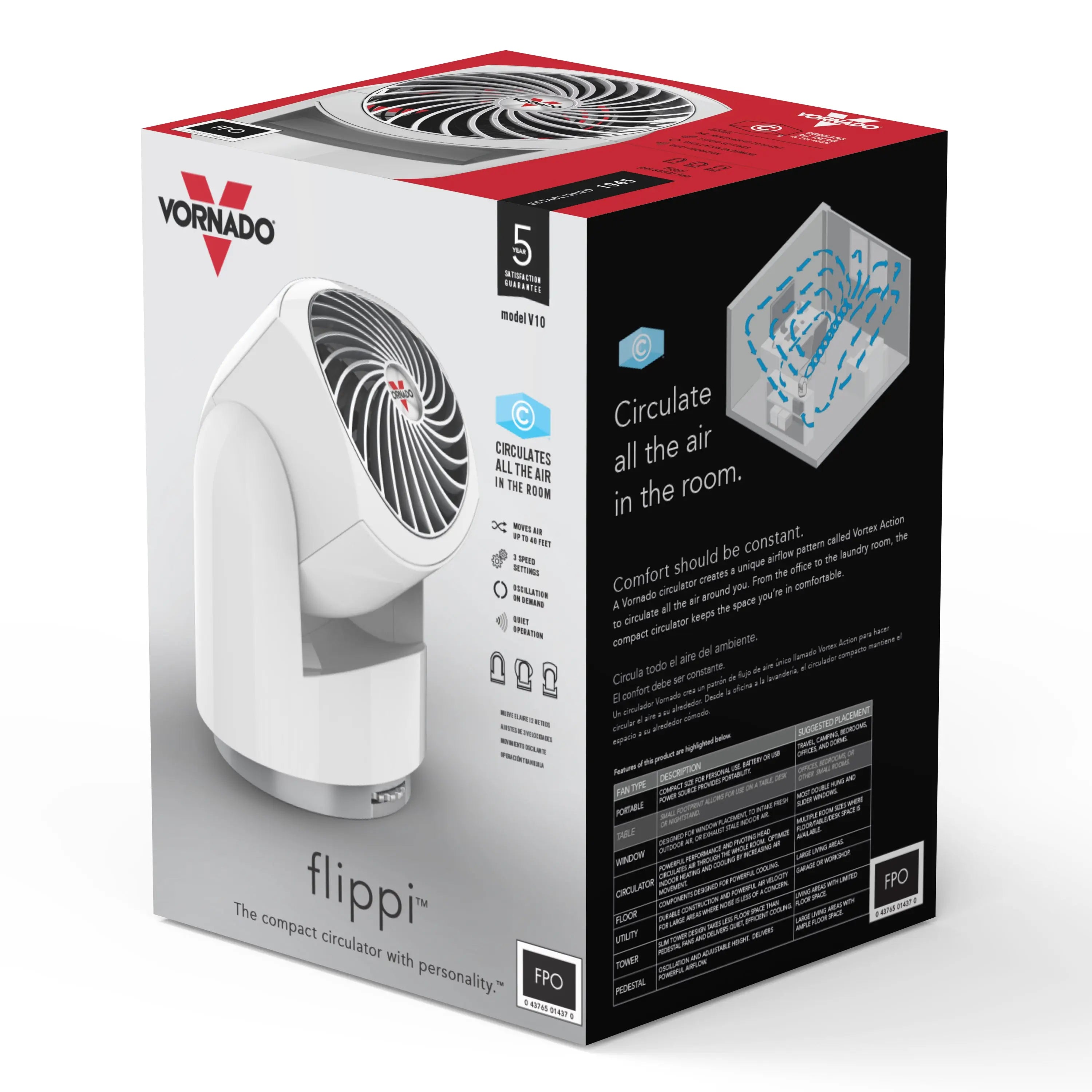 Vornado Flippi V10 Personal Oscillating Fan, 9.75", Ice White Hand C Mart