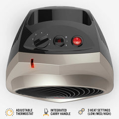 Vornado space heater in a compact size, fitting on a small table
