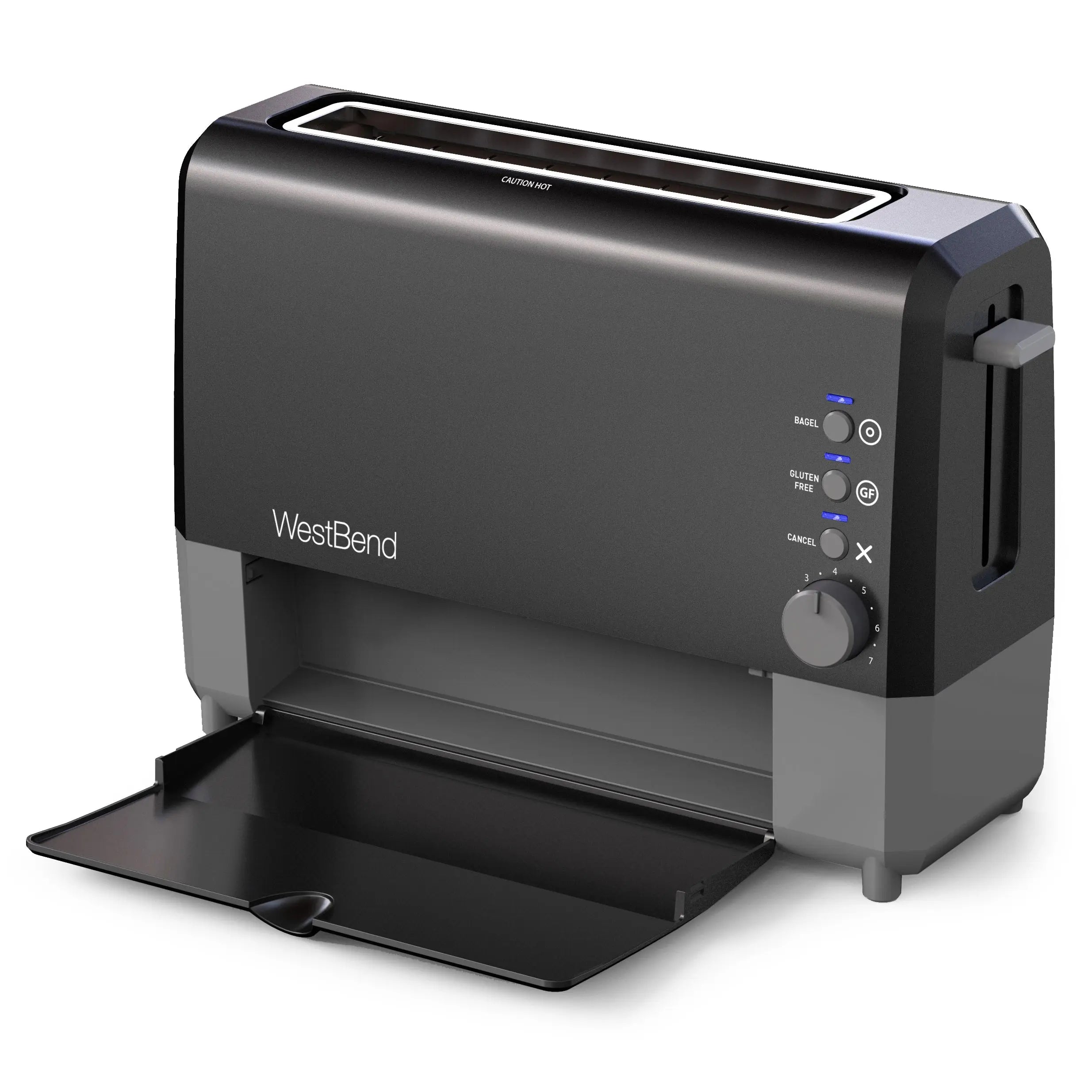 Front view of West Bend toaster featuring sleek black design
