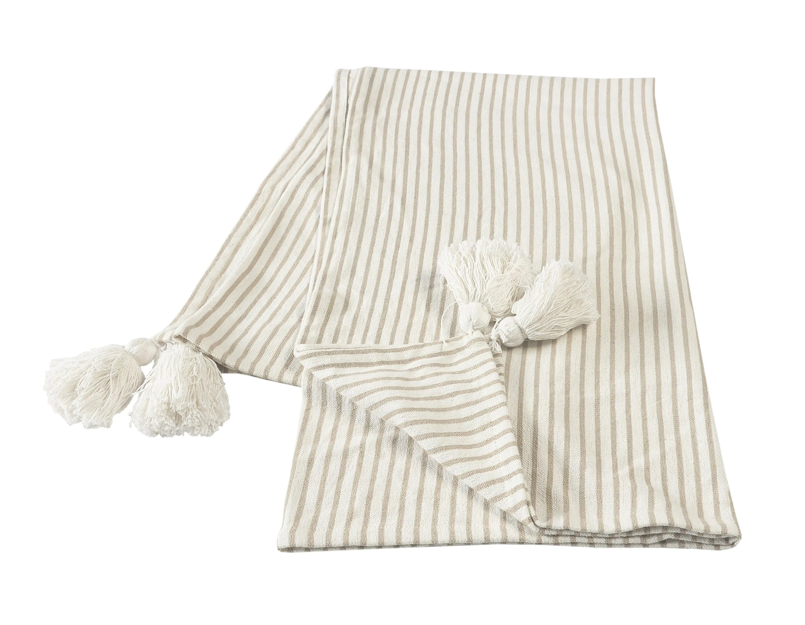 Woven Paths Striped Throw Blanket with Tassels, Ivory / Beige, 50" x 60" Hand C Mart