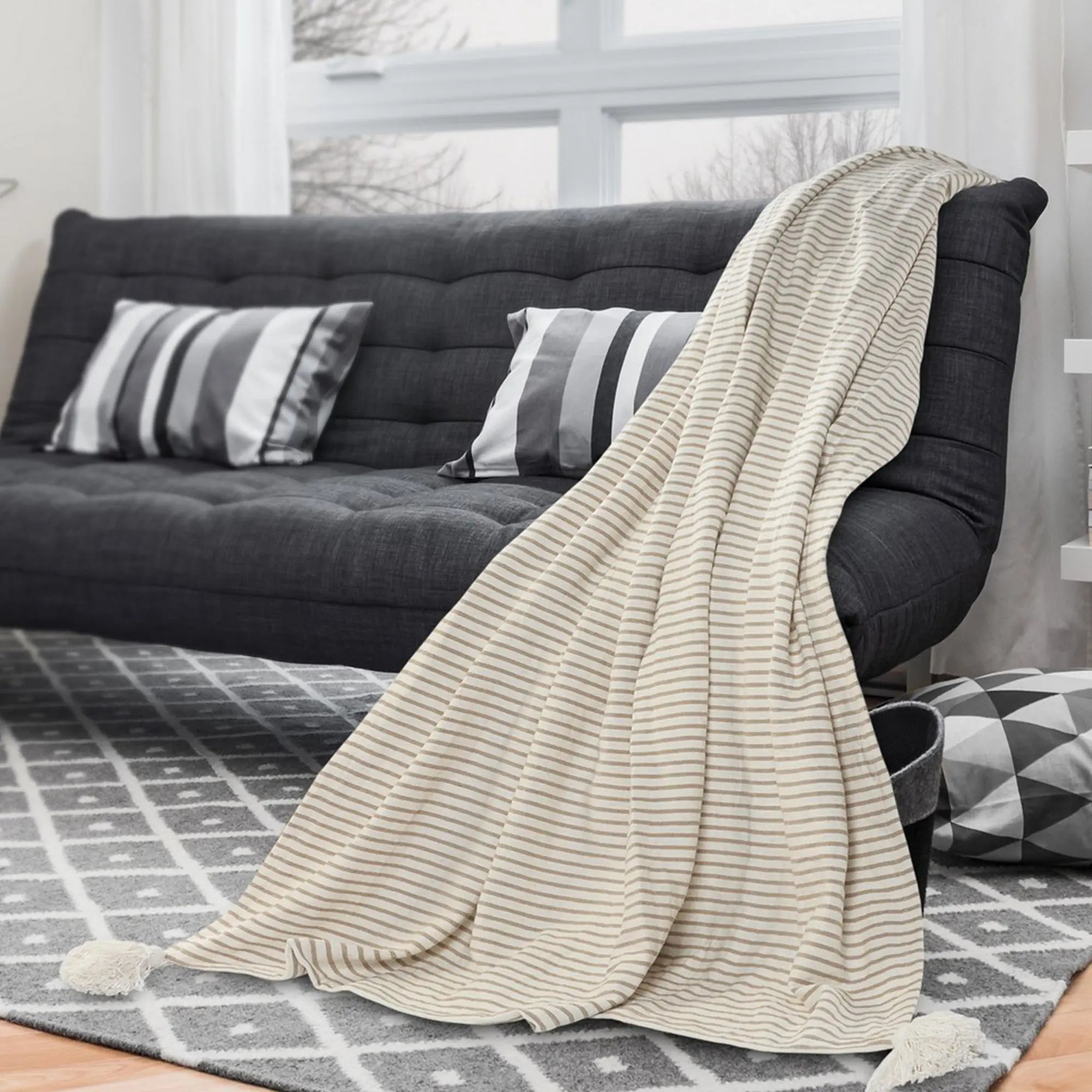 Woven Paths Striped Throw Blanket with Tassels, Ivory / Beige, 50" x 60" Hand C Mart