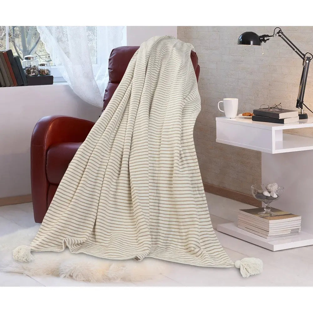 Woven Paths Striped Throw Blanket with Tassels, Ivory / Beige, 50" x 60" Hand C Mart