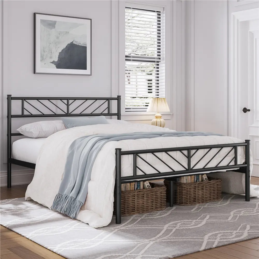 Yaheetech Metal Platform Queen Bed with Arrow Design Headboard and Footboard,Black Hand C Mart