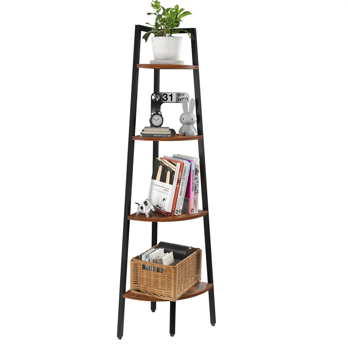 Yoobure 4-Tier Corner Bookshelf with Metal Frame,Ladder Display Shelf for Bedroom and Living Room, Tall Wood Corner Bookcase and Plant Stand Hand C Mart