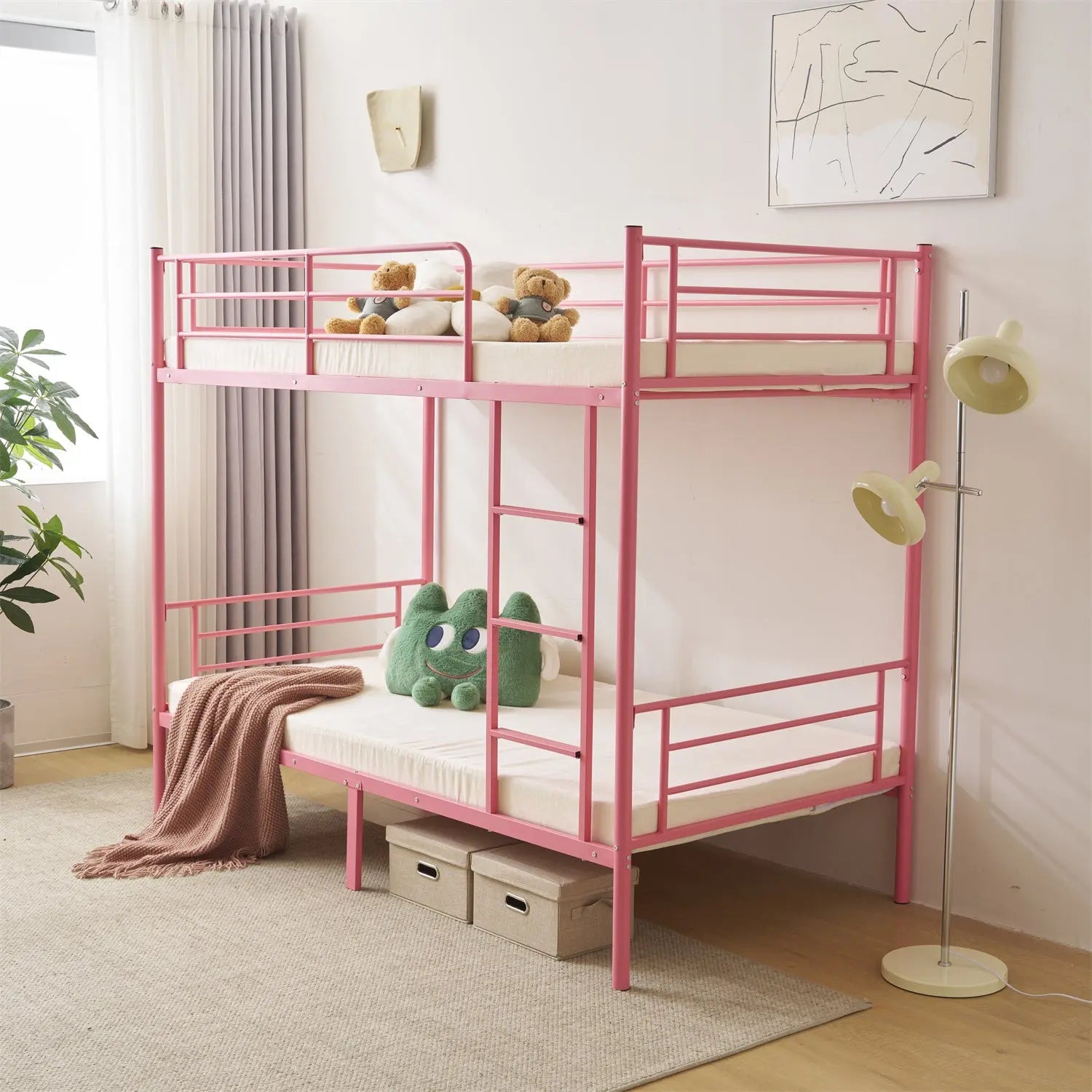 Zimtown Twin over Twin Steel Bunk Beds Frame Ladder Bedroom Dorm Room for Kids Adult Children,Pink Hand C Mart