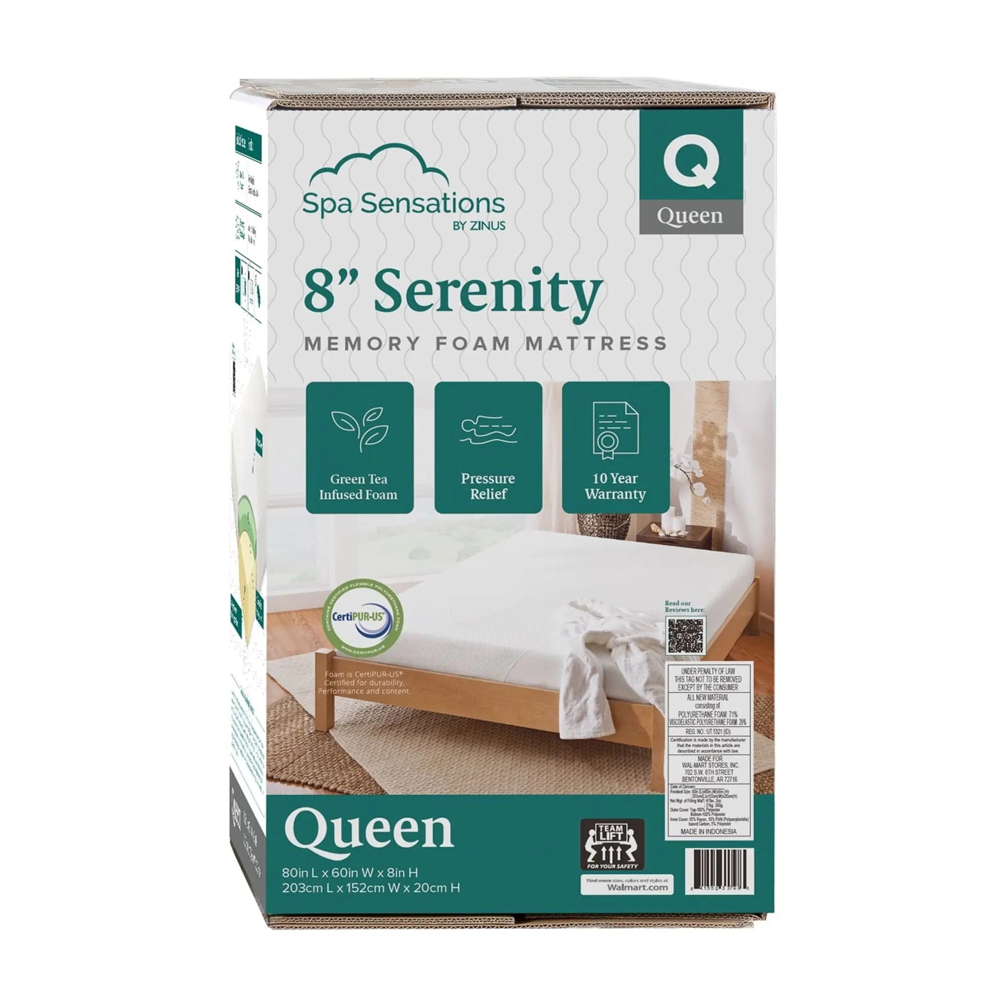 Zinus Spa Sensations Serenity 8" Memory Foam Mattress, Queen Hand C Mart