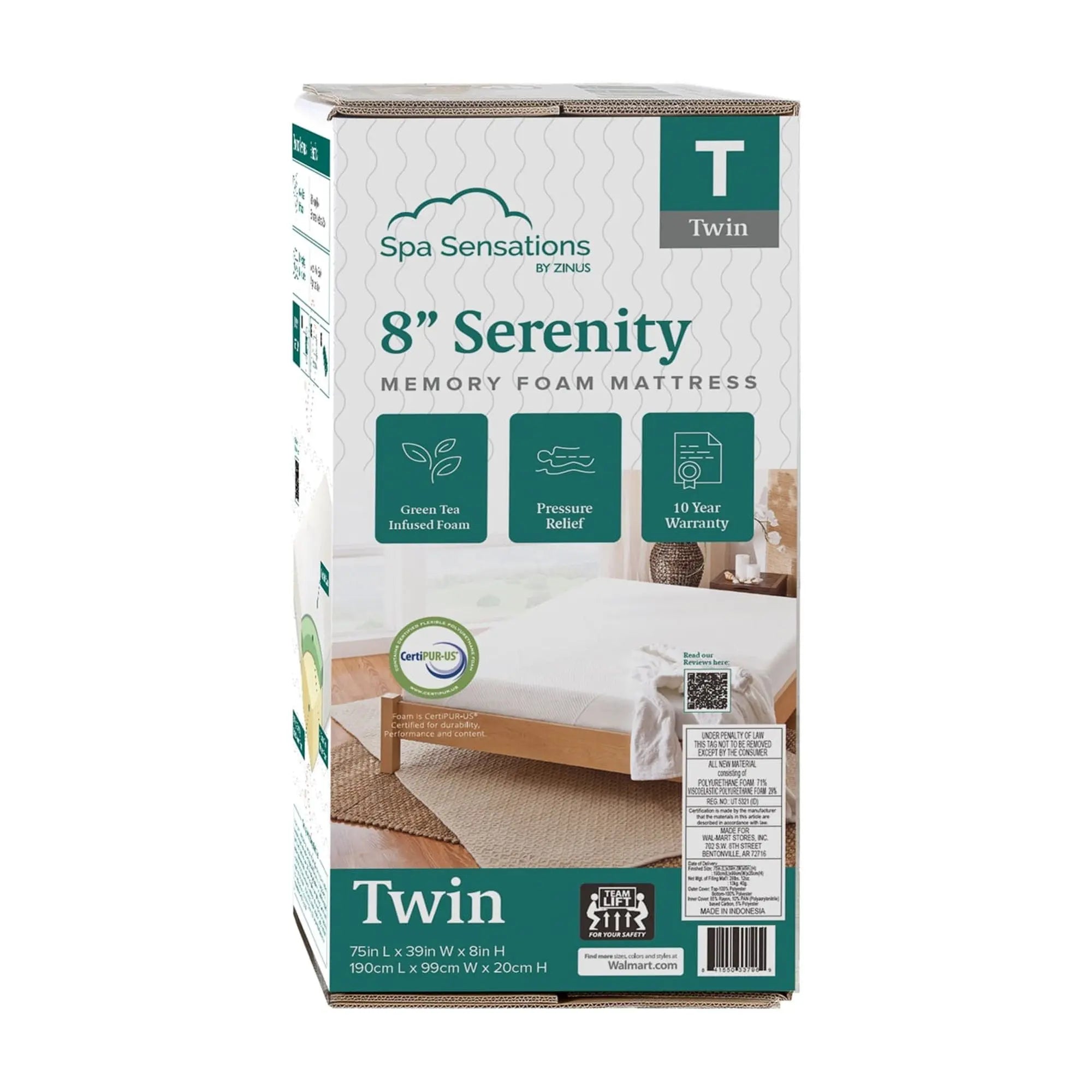 Zinus Spa Sensations Serenity 8" Memory Foam Mattress, Twin Hand C Mart