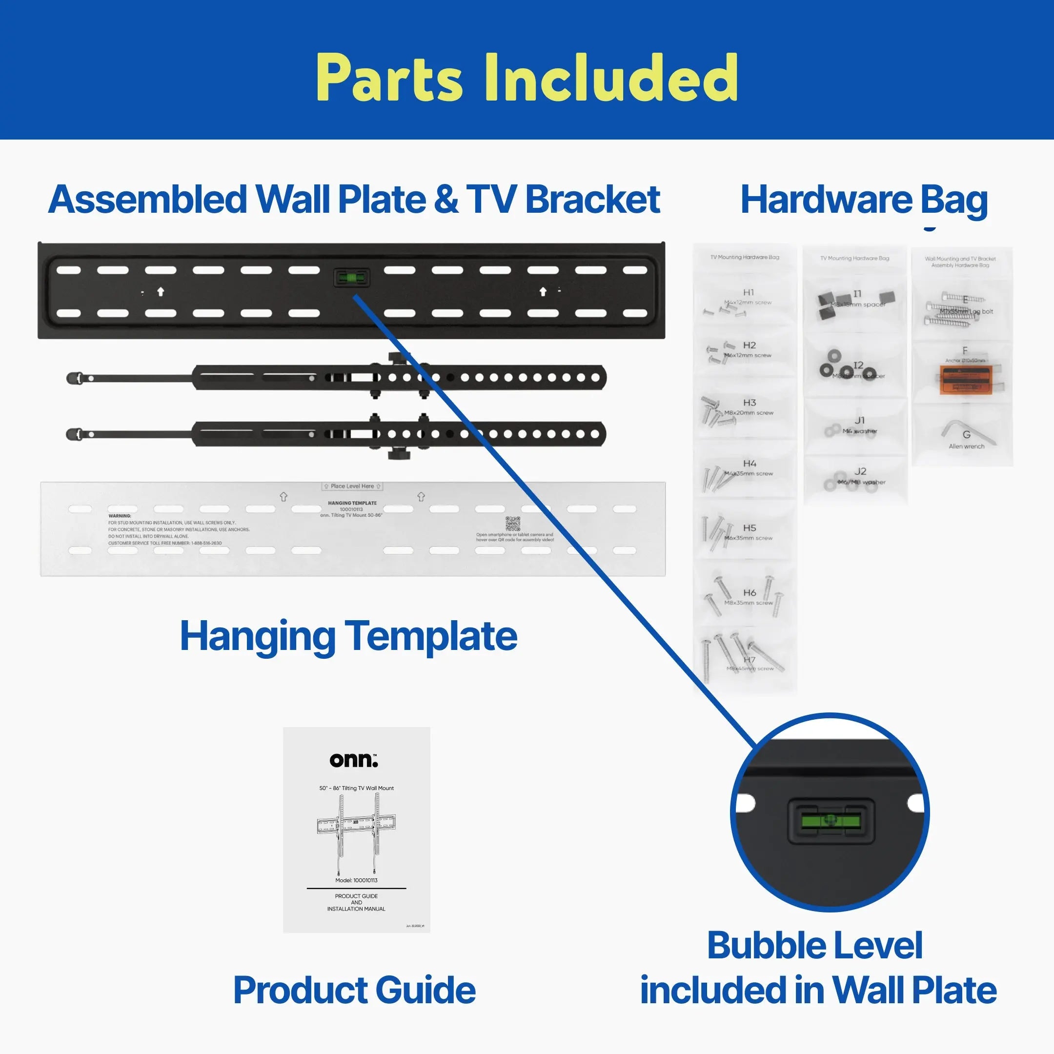 onn. Tilting TV Wall Mount for 50" to 86" TV's, up to 12° Tilting Hand C Mart